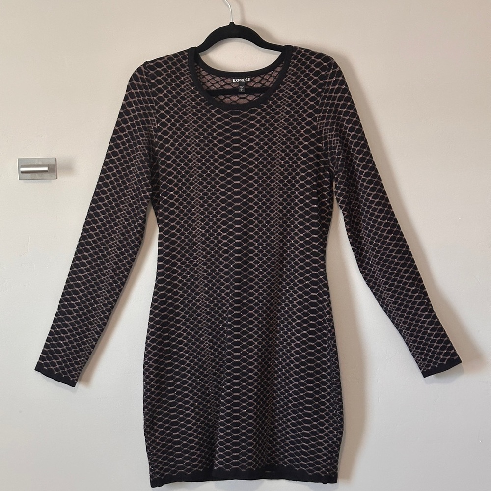 Express Black and Pink Patterned Long Sleeve Dress